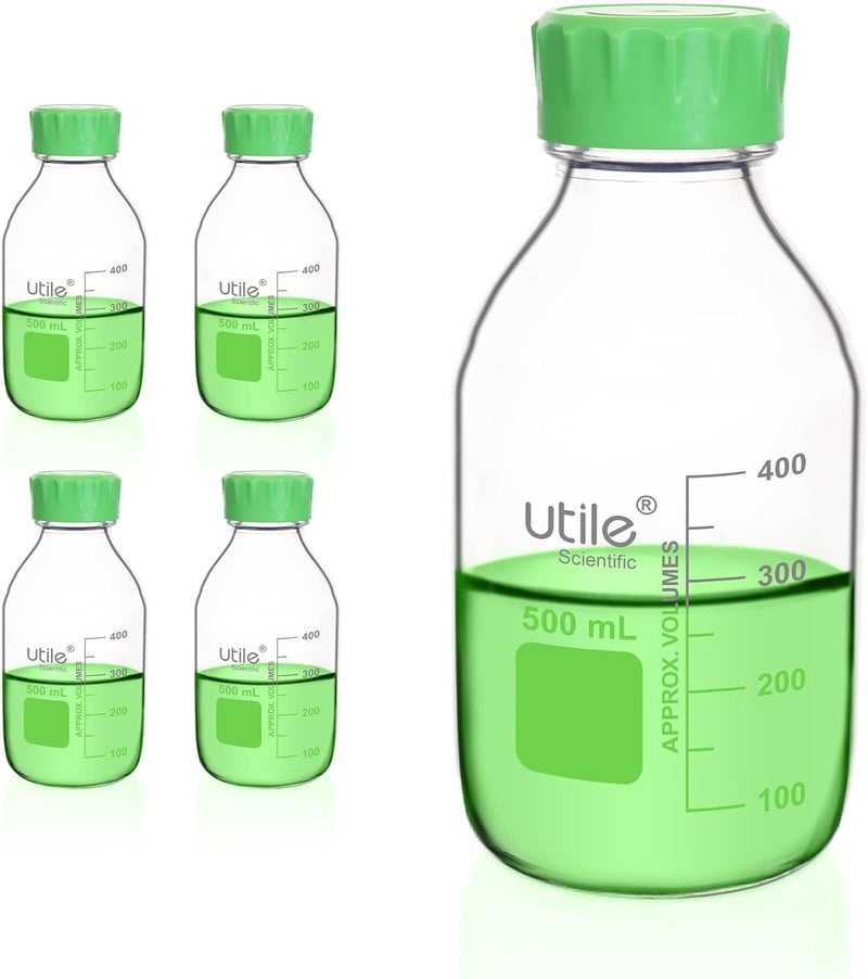 UTILE Media Bottle, 3.3 Borosilicate Glass Bottles with GL45 Screw Caps, 4pcs of 500ml(16.9oz) Lab Media Bottles, PP Material Media Storage Bottle, 4038.0500.4 - Image 1